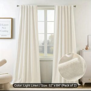 2 Panels 100% Blackout Linen Curtains for Bedroom Thermal Insulated Room
